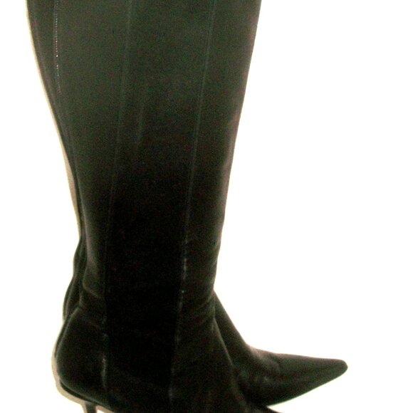 Jimmy Choo "Faith" Black Leather Rear Zip High Heel Boots w Suede Side Panel - Picture 3 of 15